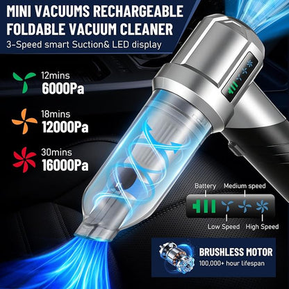 HONEYEYEAR Handheld Vacuum Cleaner, 16000Pa Car Vacuum Cleaner Cordless, 4-in-1 Powerful Car Hoover, 80000 RPM Brushless Motor, 30 Min Runtime, 3 Speed, USB-C Charging, for Home Pet Hair Cleaning
