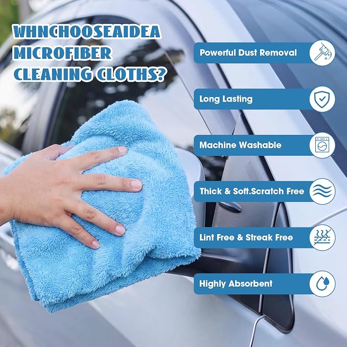 Shimeyao 30 Pcs 16 x 16 Inch edgeless Microfiber Plush Towels for Cars Detailing Drying Wash Polishing Absorbent Cleaning Cloths, 500 GSM (Light Blue, White, Yellow)