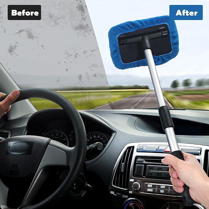 Frienda 3 Set Windshield Cleaner Tool Inside Car Window Cleaner Tool with 3 Extendable Handle 9 Reusable Microfiber Pads and 3 Spray Bottles for Auto Home Interior Exterior Glass Cleaning (Multicolor)