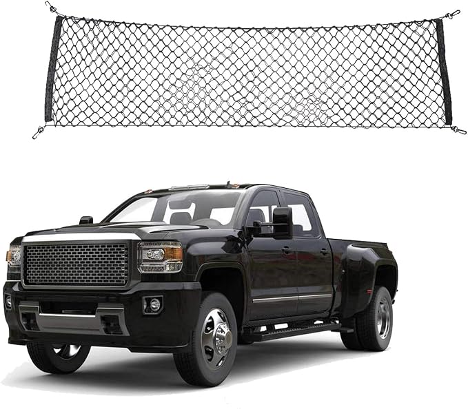 Truck Cargo Organizer Storage Nylon Universal Heavy Duty Net Fit 60" x 16" Cargo Net for Trucks from Chevy (Chevrolet), Ford, Toyota, GMC, Dodge RAM, Jeep with 4 Carabiner Buckles