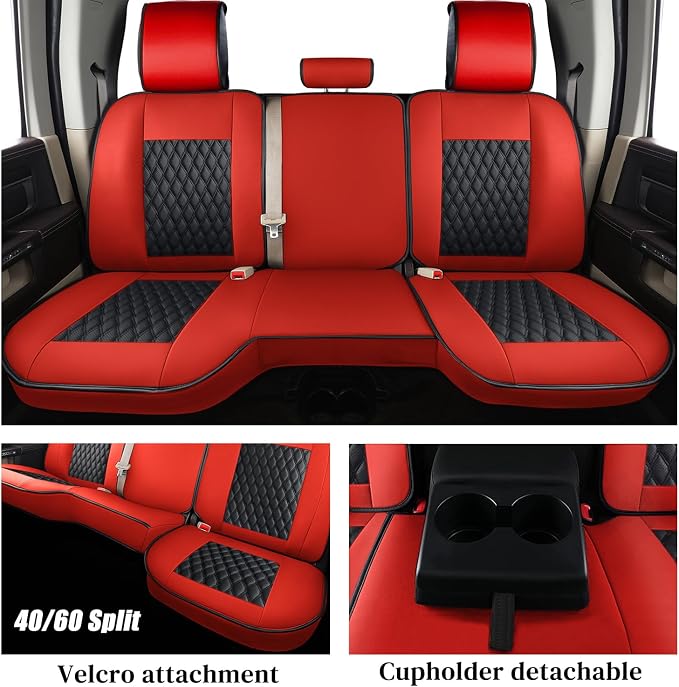 Coverado Leather Car Seat Covers Full Set, Dodge Seat Covers for Car Fit for 2009-2018 Dodge RAM 1500, 2010-2024 2500 3500 Automotive Vehicle Seat Covers Protector for Trucks (Red)