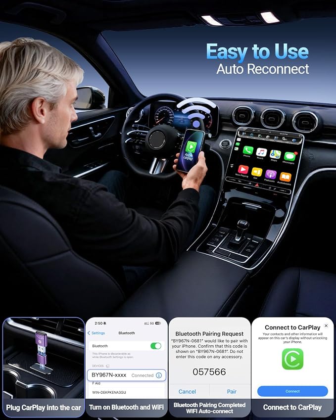 vnilrgle Wireless CarPlay Adapter for Apple iPhone（2026 Upgraded） Mini Design, Plug & Play CarPlay Dongle Converts Wired to Wireless, Auto Connect Fast and Stable with USB-C(Purple)