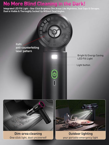 Mini Car Vacuum Portable Cordless with LED Light, 15000PA Powerful Suction, 80W High Power, One-Click Empty, Dual Hepa Filter, Y8plus Car Vacuum Cleaner & Air Duster for Home, Desk, PC, Keyboard