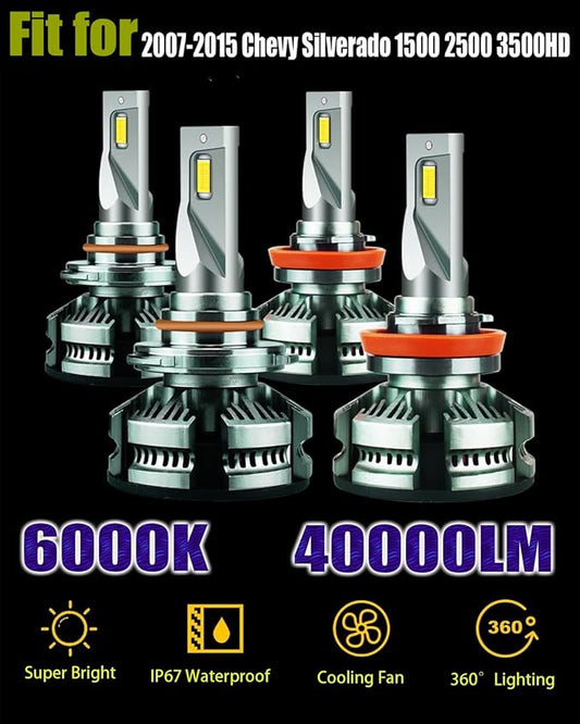 Fits 2007-2015 Chevy Silverado 1500 2500 3500HD Hi/Lo Dual Beam Bulbs Fog Lights combo, 1:1 as Stock, 6000K White 40000LM, 2007 2008 2009 2010 2011 2012 2013 2014 2015 Silverado Light Bulbs, Pack of 4