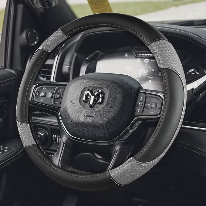 Steering Wheel Cover for Dodge RAM 1500, 2500, 3500 - Premium Microfiber Leather Auto Car Accessory with Non-Slip Grip, Rugged Durability & Interior Upgrade, 15.5-16 inch (Gray-Large Size)