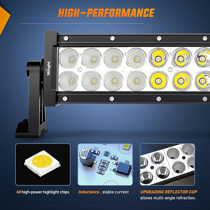 Nilight 22Inch 120W Spot Flood Combo Led Light Bar Off Road Driving Lights Boat Lights Fog Light 12V On/Off 5 Pin Rocker Switch Power 16AWG Wiring Harness Kit-1 Lead for Trucks,2 Years Warranty