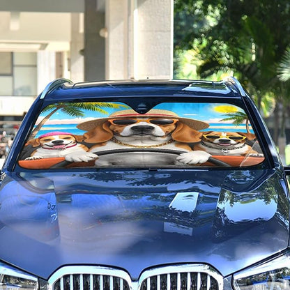 Funny Dogs Palm Tree Summer Car Windshield Sun Shade for Car Auto SUV Truck Foldable Front Window Sunshade Sun Visor Protector Block UV Rays Reflect Heat, 55" x 28"