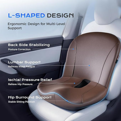 Coverado Car Seat Cushion and Lumbar Support Pillow One Piece, Napa Leather Memory Foam Ergonomic Back Support Driving Seat Cushion for Back Pain, Non-Slip Washable Cushion for Car, Driver, Office