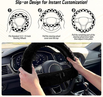 5 Pcs Fuzzy Black Color Car Accessories Set, Soft Fluffy Plush Steering Wheel Cover, Center Console Armrest Pad & Rearview Mirror Cover - Interior Decorations for Women,Universal Fit (Black)