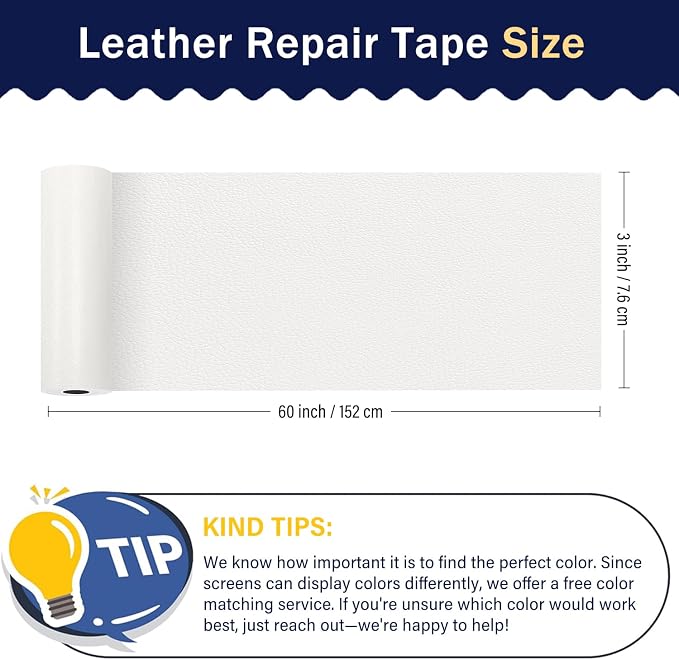 Zenyao Leather Repair Patch Tape - Self Adhesive Leather Repair Kit for Car Seat Furniture, Heavy Duty Vinyl Repair Patch for Couch Sofa, Waterproof for Rips Scratches Tears, 3x60 Inch Roll, White