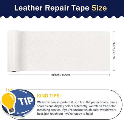 Zenyao Leather Repair Patch Tape - Self Adhesive Leather Repair Kit for Car Seat Furniture, Heavy Duty Vinyl Repair Patch for Couch Sofa, Waterproof for Rips Scratches Tears, 3x60 Inch Roll, White