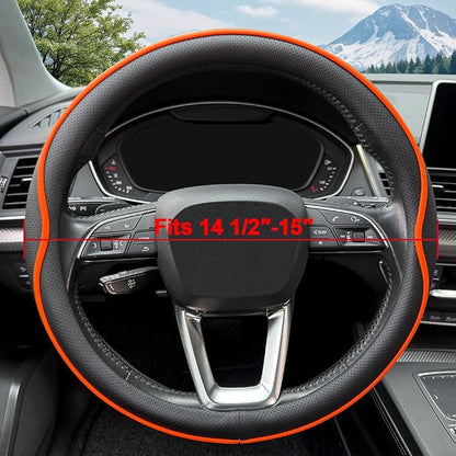 HAOTULE Leather Steering Wheel Cover， with Anti-Slip Stripe Design - Enhanced Grip, Fashion Style, Safe, Non-Slip, Breathable. Upgrade car Interior，Orange