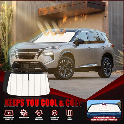Windshield Sun Shade for Nissan Rogue 2021-2025 2026, Front Window Visor Accessories, Folding Design Blocks Heat & UV Rays Maintain Cool Interior and Save Space