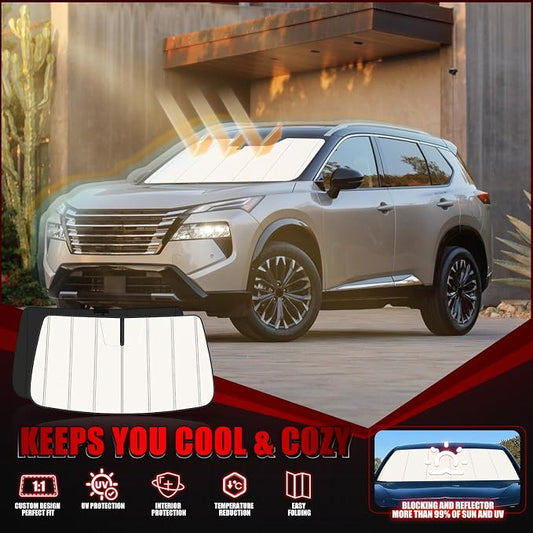 Windshield Sun Shade for Nissan Rogue 2021-2025 2026, Front Window Visor Accessories, Folding Design Blocks Heat & UV Rays Maintain Cool Interior and Save Space