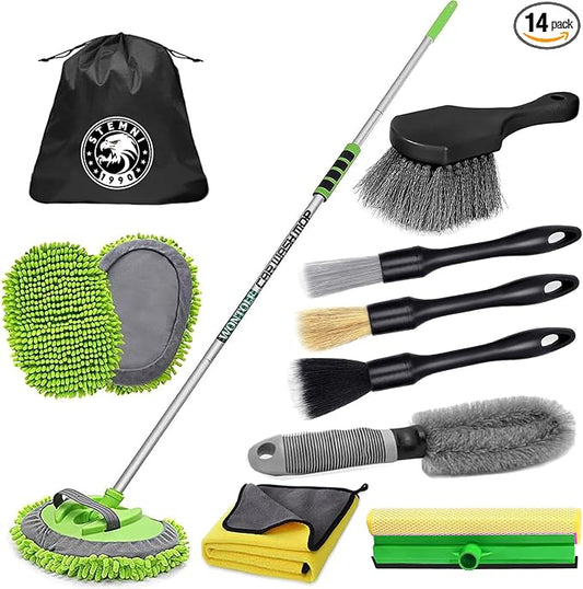14Pcs Car Wash Kit, 62'' Car Wash Brush with Long Handle, Microfiber Scratch-Free Carwash Brush Mop Mitt Kit Car Car Washing Supplies Cleaning Kit for Cars RV SUV Truck Boat Green