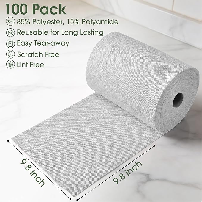 Microfiber Cleaning Cloth Roll - 100 Pack Tear Away Microfiber Paper Towels, Reusable, Washable, Scratch-Free, Kitchen Towels for Car, Home, Kitchen, Glass, Dishes (Light Grey)