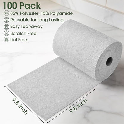 Microfiber Cleaning Cloth Roll - 100 Pack Tear Away Microfiber Paper Towels, Reusable, Washable, Scratch-Free, Kitchen Towels for Car, Home, Kitchen, Glass, Dishes (Light Grey)