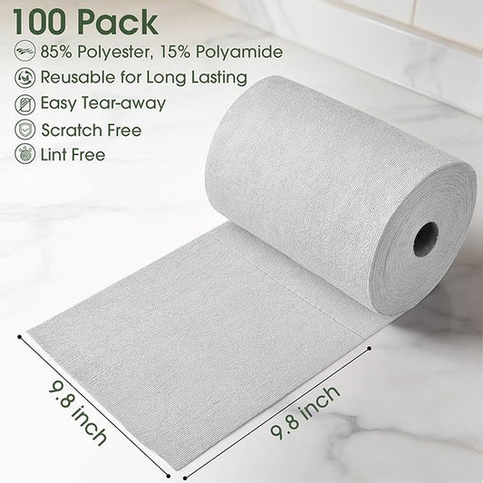 Microfiber Cleaning Cloth Roll - 100 Pack Tear Away Microfiber Paper Towels, Reusable, Washable, Scratch-Free, Kitchen Towels for Car, Home, Kitchen, Glass, Dishes (Light Grey)