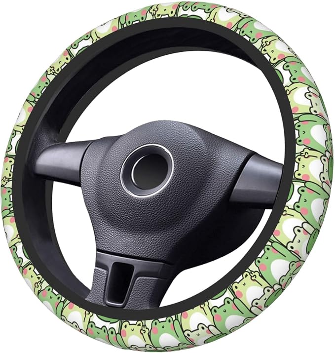 Green Frog Steering Wheel Cover for Women,Universal Auto Steering Wheel 14-15 Inch Car Interior Accessories with 2PCS Car Coasters,Suitable for Men and Women
