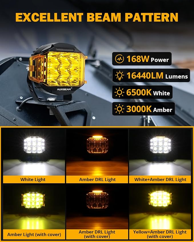 Auxbeam V-MAX Series 5 in LED Light Pods, 168W Offroad Side Shooter Round Driving Lights Pod with 3 Modes Amber DRL, 270° Wide Range Universal Auxiliary Light with Covers for Truck Jeep SUV ATV UTV