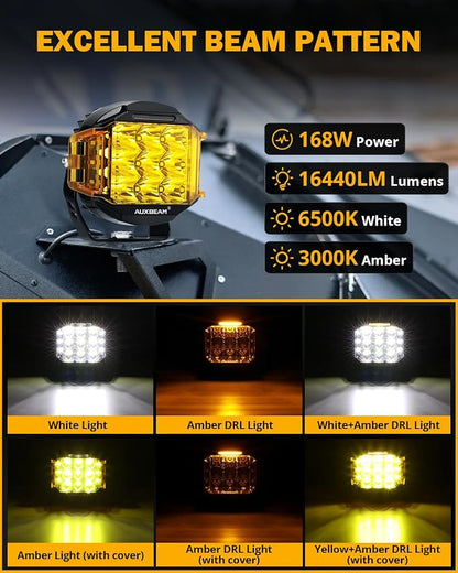 Auxbeam V-MAX Series 5 in LED Light Pods, 168W Offroad Side Shooter Round Driving Lights Pod with 3 Modes Amber DRL, 270° Wide Range Universal Auxiliary Light with Covers for Truck Jeep SUV ATV UTV