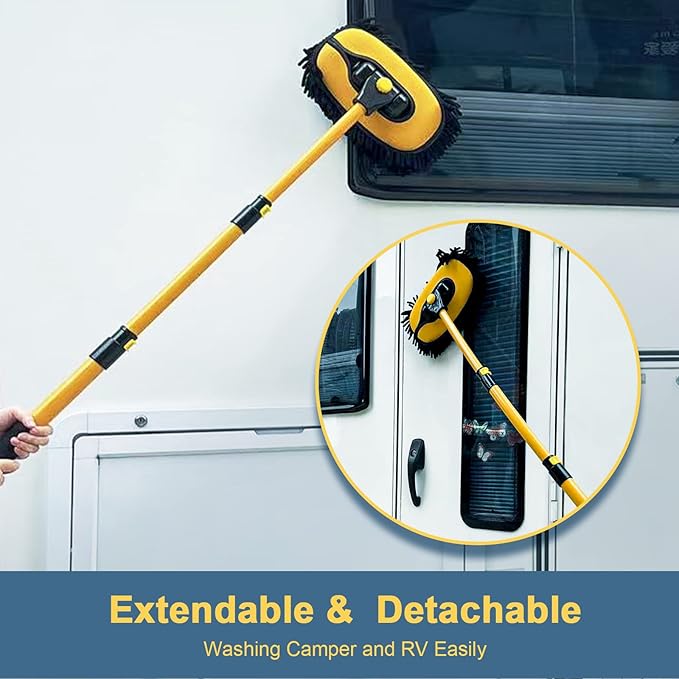 YeewayVeh Car Wash Brush with Long Handle, Microfiber Car Wash Mop with Replaceable Chenille Brush Head, Soft Cleaning Brush with 15° Curved Extension Pole Car Wash Kit for RV Truck Camper, Yellow