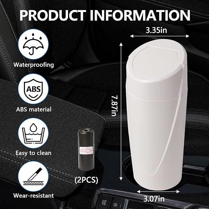 Hovom Mini Car Trash Can with Lid, Portable Garbage Can for Car, Leakproof Cup Holder Automotive Garbage Bin with 2 Rolls of Trash Bags, Small Trash Storage Can for Car Home Office(White)