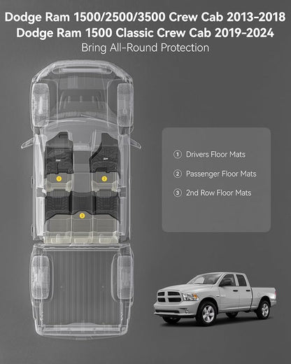 3W Floor Mats Fit for 2013-2018 Dodge Ram 1500/2500/3500 Crew Cab, 2019-2024 Ram 1500 Classic Crew Cab All Weather TPE Custom Fit Accessories Floor Liner for Dodge Full Set Car Mats