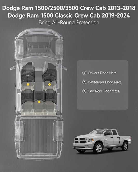 3W Floor Mats Fit for 2013-2018 Dodge Ram 1500/2500/3500 Crew Cab, 2019-2024 Ram 1500 Classic Crew Cab All Weather TPE Custom Fit Accessories Floor Liner for Dodge Full Set Car Mats