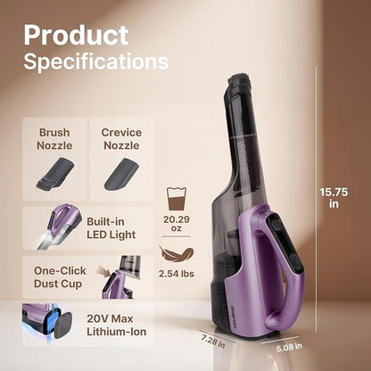 Shop-Vac S3 20V Handheld Vacuum Cordless, Dual-Speed Powerful Portable Car Vacuum Rechargeable, Wall-Mounted Lightweight Hand Vacuum for Home & Car, LED Light, HEPA Filter, Purple