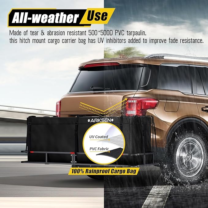 ARKSEN Waterproof Hitch Cargo Carrier Bag for 20" x 60" Baskets, 15 Cubic Feet Large Capacity Luggage Storage (58" L x 19" W x 24" H) for Car Truck SUV RV or Trailer