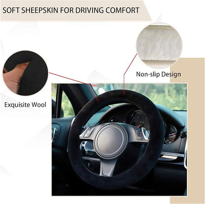 Ziciner Fuzzy Steering Wheel Cover, 15 inch Soft Wool Fur Steering Wheel Protector, Fluffy Wheel Covers for Winter Warm, Car Interior Decoration Accessories for Women Men (Black)