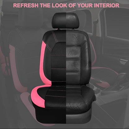 CAR PASS Leather Seat Covers, Breathable Universal Car Seat Cover Full Set for Cute Women Girly,Super 5mm Composite Sponge Inside,Airbag Compatible fits Most Auto,SUVs,Trucks,Vans(Black&Pink)