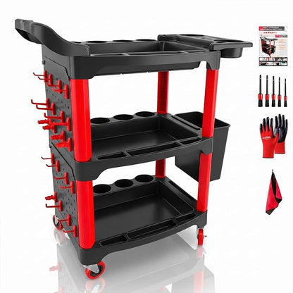 Auto Detailing Cart with Wheels, 3 Tier Rolling Detail Cart with Long Hanging Plate & Hooks & Hanging Bucket & Cat Ear Basket, for Detailers Garage, Workshop, Repair Shop, Storage Tool