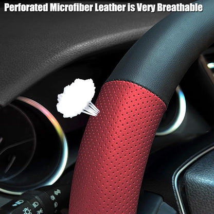 Steering Wheel Cover Standard Size 14.5-15 inch, Non-Slip Car Wheel Cover Protector, Non-Folding Packaging, Microfiber Leather, Black and Red