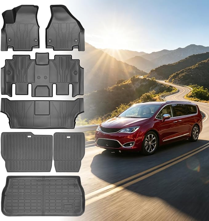 Floor Mats for Chrysler Pacifica 2017 2018 2019-2025, for Voyager 2020-2025(ONLY Gas), 7/8 Seaters,TPE All Weather Protection Custom Fit Floor Mats & Seatback Mat & Cargo