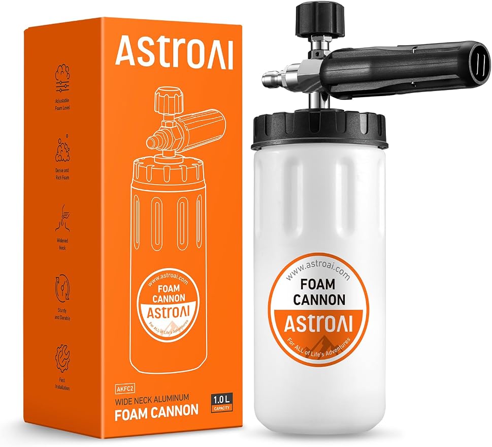 AstroAI Foam Cannon for Pressure Washer, Wide Neck Car Wash Foam Sprayer with 1/4" Quick Connect Plug, Adjustable Nozzle Dense Foam, Detailing Accessories for Cars, Bikes & Home Cleaning, 1 Liter