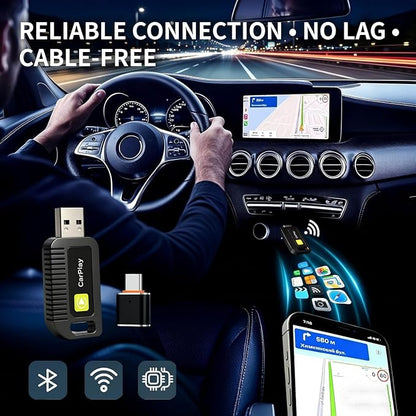 Wireless CarPlay Adapter for Apple iPhone Convert from Wired for Apple Carplay Wireless Adapter Automatic Connection,Plug & Play,No Screen Delay,Compatible with iOS 10+ Comes with USB-A/Type-C Port