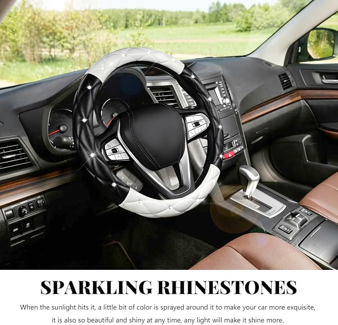 Bling Car Steering Wheel Cover, 15 Inch Diamond Leather Anti-Slip Auto Steering Wheel Protector, Cute Sparkly Rhinestones Wheels Cover Automotive Decoration for Women Girl (Black & White)