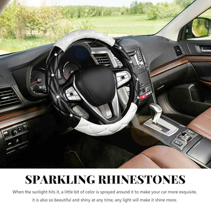 Bling Car Steering Wheel Cover, 15 Inch Diamond Leather Anti-Slip Auto Steering Wheel Protector, Cute Sparkly Rhinestones Wheels Cover Automotive Decoration for Women Girl (Black & White)