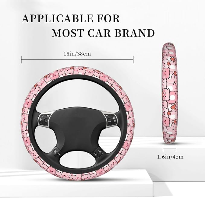 Cute Pink Pig Steering Wheel Cover for Women,Universal Auto Steering Wheel 14-15 Inch Car Interior Accessories with 2PCS Car Coasters,Suitable for Men and Women