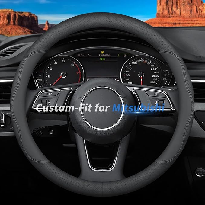 Custom-Fit for Mitsubishi Steering Wheel Cover, Premium Leather Car Steering Wheel Cover with Logo, Non-Slip, Breathable (B-Style,for Mitsubishi)