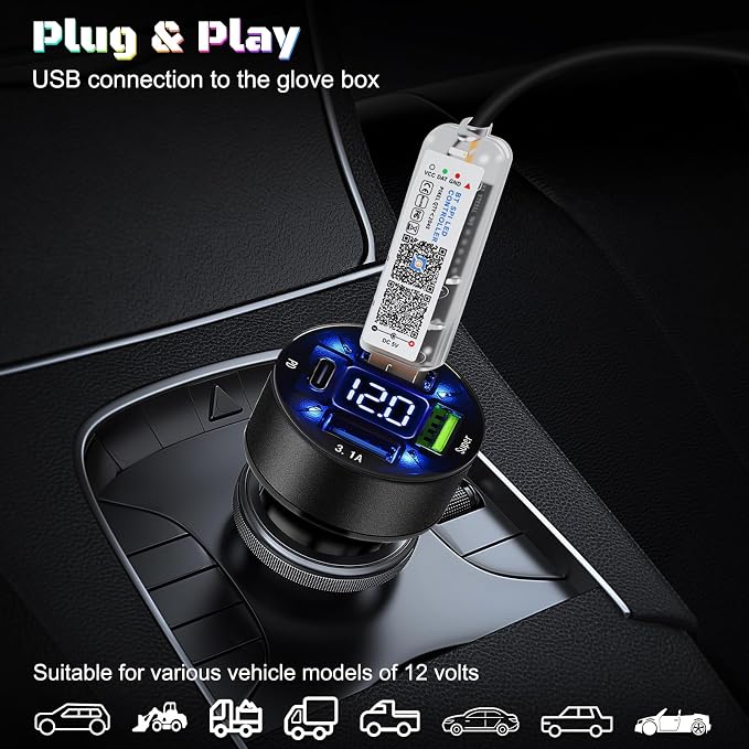 Dreamcolor Acrylic Interior Car LED Strip Light with USB/Type C/4-Port USB Cigarette Lighter,RGB 55.1 inch Ambient Lighting Kits, Sound Active Function Neon Led Strips for Car