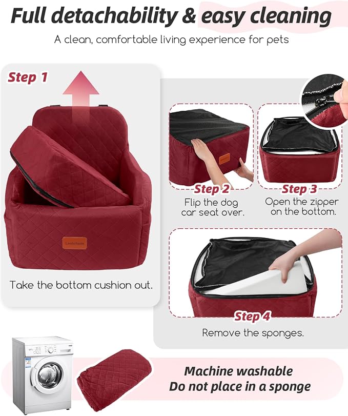 Lealchum Dog Car Seat for Small/Medium Dogs,6in Elevated Cushion,Fits in Front/Back Seat,Fully Detachable and Washable,2 Storage Pockets,Easy to Install (Red, Medium)