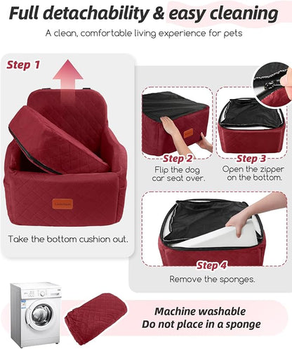 Lealchum Dog Car Seat for Small/Medium Dogs,6in Elevated Cushion,Fits in Front/Back Seat,Fully Detachable and Washable,2 Storage Pockets,Easy to Install (Red, Medium)