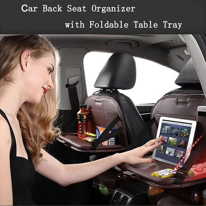 Premium PU Leather Backseat Seat Organizer with Foldable Table, Multi-Storage Pockets and Adjustable Buckle Strap for Automobiles