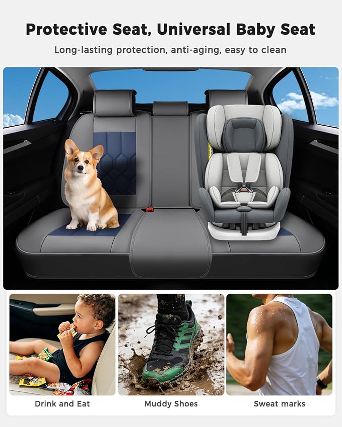 Huidasource Seat Covers Full Set, Universal Fit for Most Cars SUVs Trucks, Full Coverage Leather Seat Cover, Airbag, Cupholder Compatible, Seat Function Retain, Easy Install with Velcro, Gray&Blue