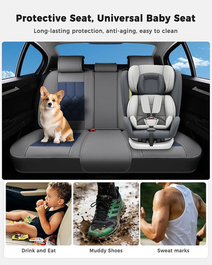 Huidasource Seat Covers Full Set, Universal Fit for Most Cars SUVs Trucks, Full Coverage Leather Seat Cover, Airbag, Cupholder Compatible, Seat Function Retain, Easy Install with Velcro, Gray&Blue
