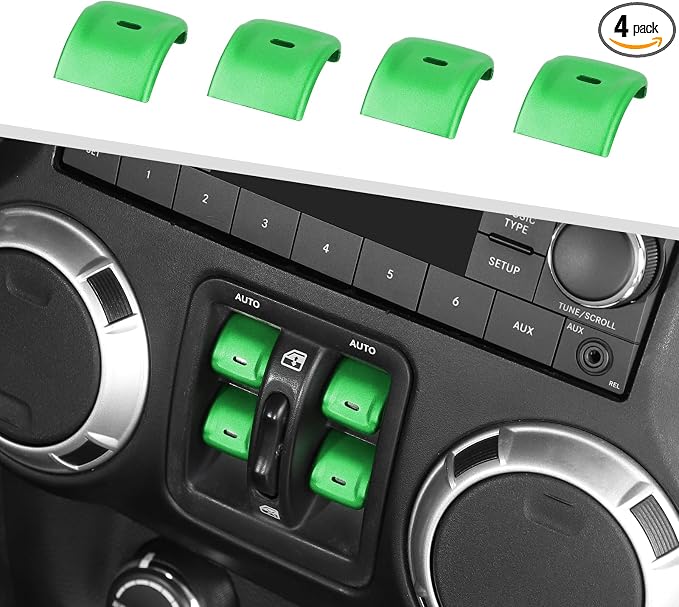 Jimen for JK Window Button Covers, 4PCS Center Console Window Switch Cover Interior Trim Kits Compatible with Jeep Wrangler JK & Unlimited 2012-2018, Aluminum Alloy (Green)