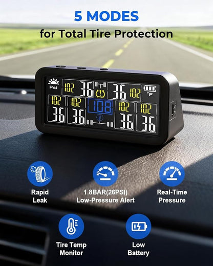 6-Wheel Tire Pressure Monitoring System - TPMS - with 4 Inches LCD Display - 5 Modes Tire Pressure Monitor for RV/Trailer/Truck, Solar & Type-C Dual Charger TPMS Kit